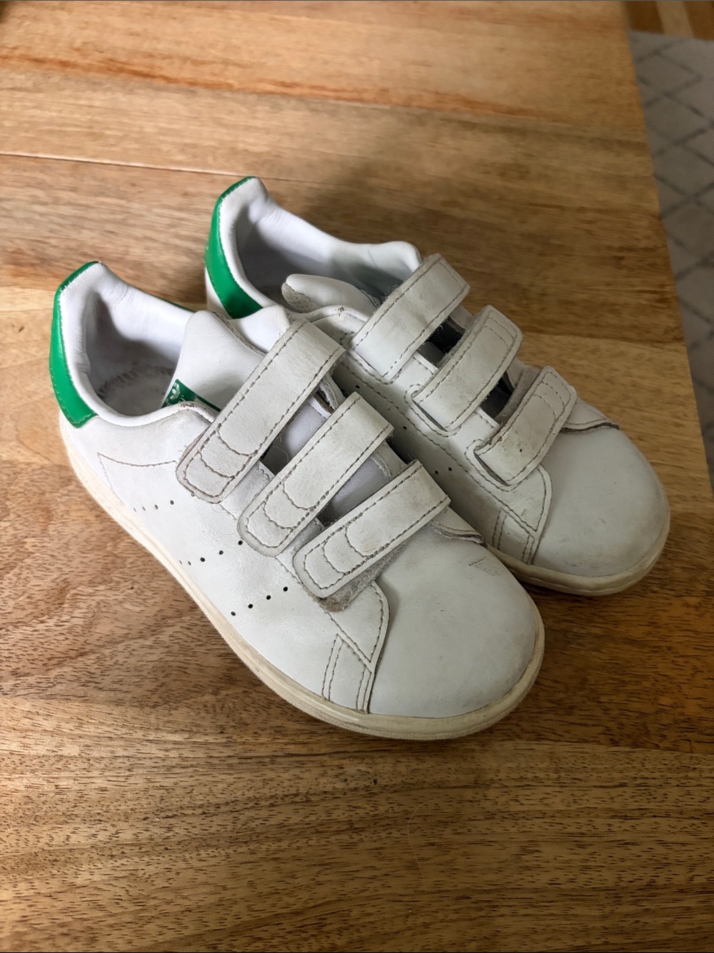 adidas White Sneakers with Green Heel Tabs - Kids Velcro